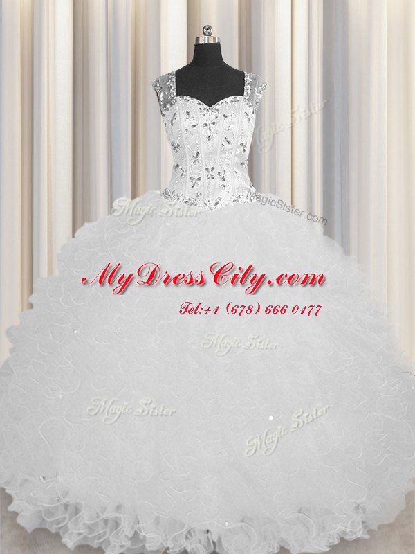 Exceptional See Through Zipper Up Sleeveless Tulle Floor Length Zipper Quinceanera Gown in White with Beading and Ruffles