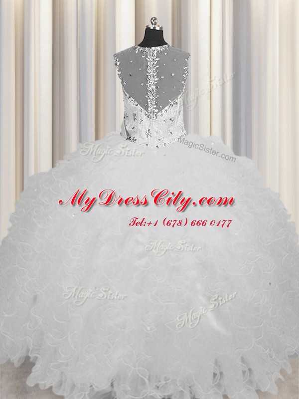 Exceptional See Through Zipper Up Sleeveless Tulle Floor Length Zipper Quinceanera Gown in White with Beading and Ruffles