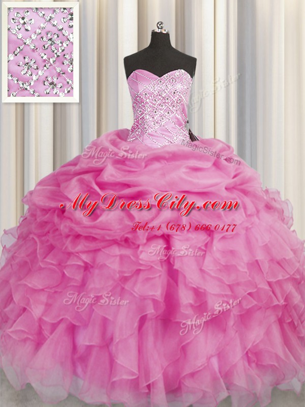 Adorable Sweetheart Sleeveless Lace Up Quinceanera Gown Rose Pink Organza