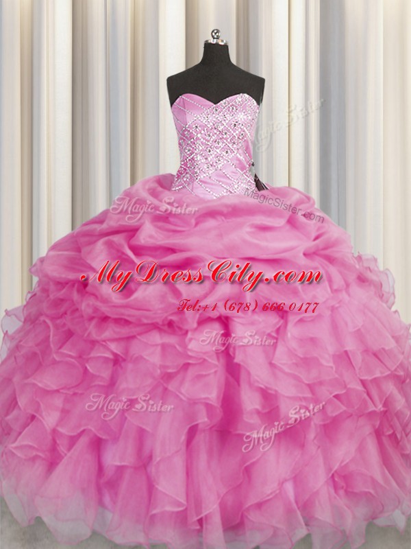 Adorable Sweetheart Sleeveless Lace Up Quinceanera Gown Rose Pink Organza