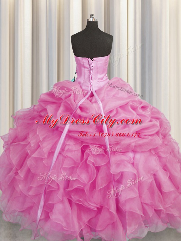 Adorable Sweetheart Sleeveless Lace Up Quinceanera Gown Rose Pink Organza