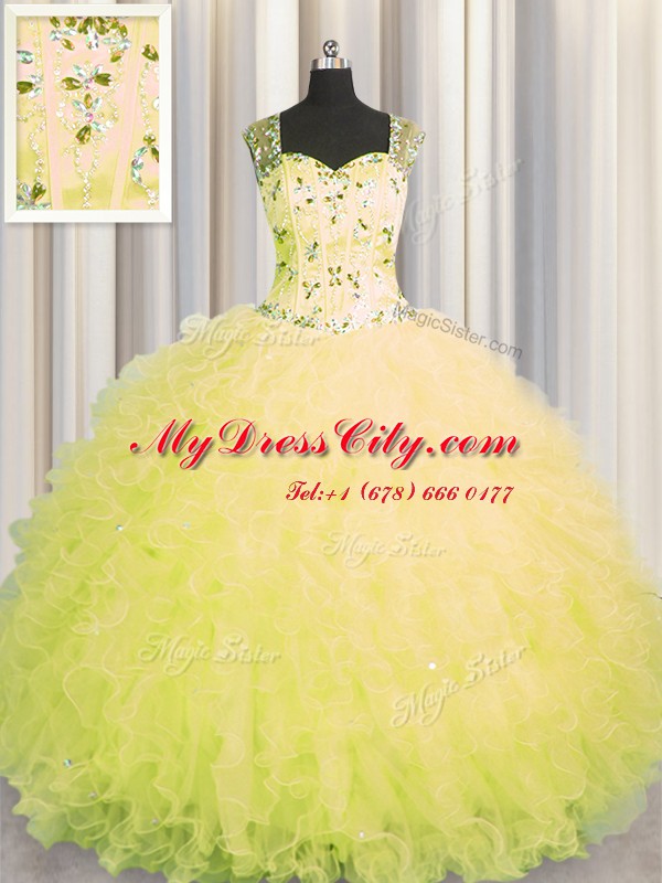 See Through Zipper Up Tulle Straps Sleeveless Zipper Beading and Ruffles Quince Ball Gowns in Yellow