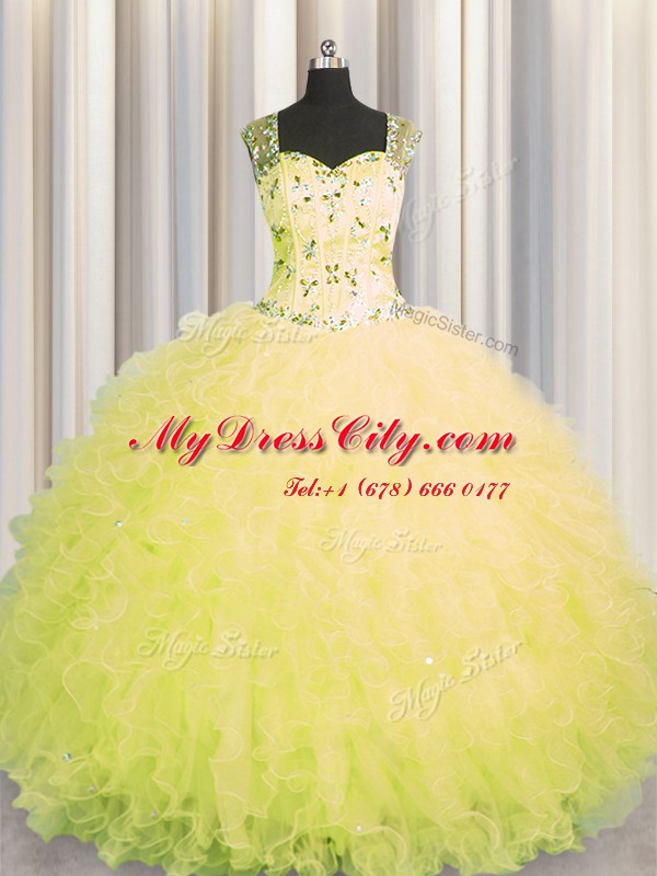 See Through Zipper Up Tulle Straps Sleeveless Zipper Beading and Ruffles Quince Ball Gowns in Yellow