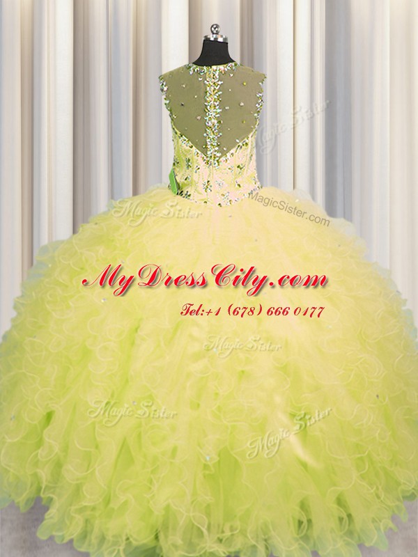 See Through Zipper Up Tulle Straps Sleeveless Zipper Beading and Ruffles Quince Ball Gowns in Yellow