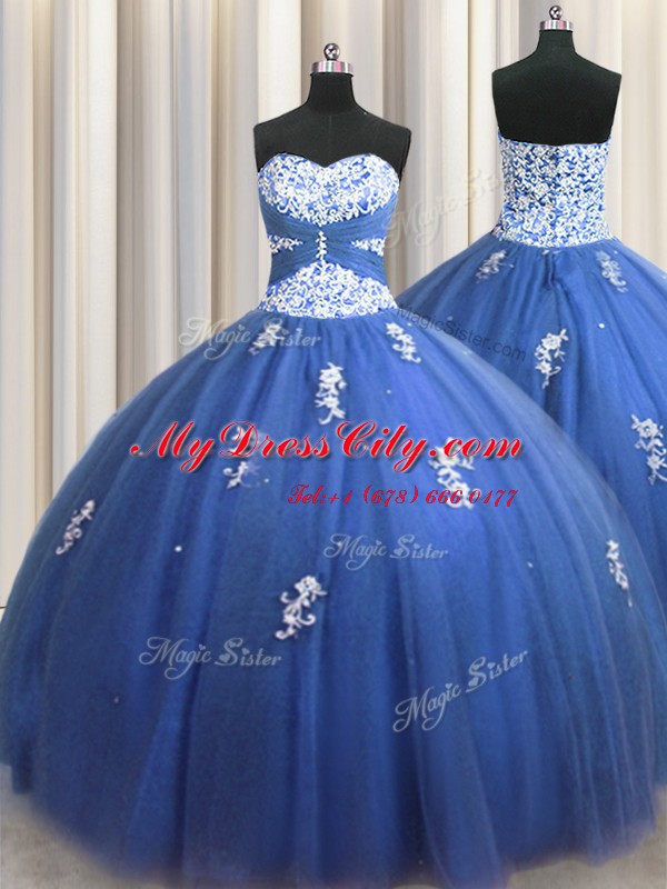 Comfortable Floor Length Lace Up Sweet 16 Quinceanera Dress Royal Blue for Military Ball and Sweet 16 and Quinceanera with Beading and Appliques