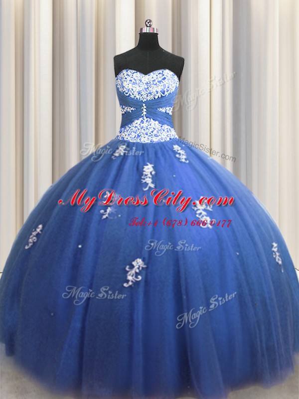 Comfortable Floor Length Lace Up Sweet 16 Quinceanera Dress Royal Blue for Military Ball and Sweet 16 and Quinceanera with Beading and Appliques