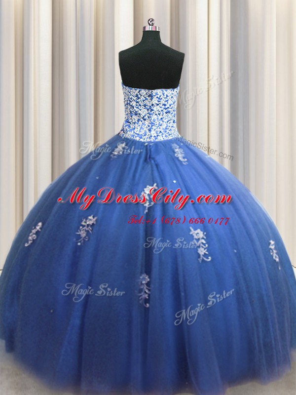 Comfortable Floor Length Lace Up Sweet 16 Quinceanera Dress Royal Blue for Military Ball and Sweet 16 and Quinceanera with Beading and Appliques