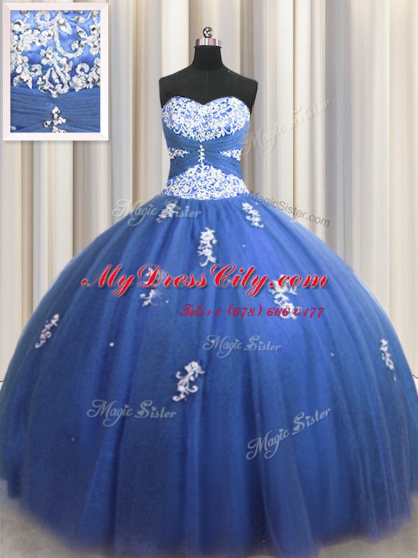 Comfortable Floor Length Lace Up Sweet 16 Quinceanera Dress Royal Blue for Military Ball and Sweet 16 and Quinceanera with Beading and Appliques