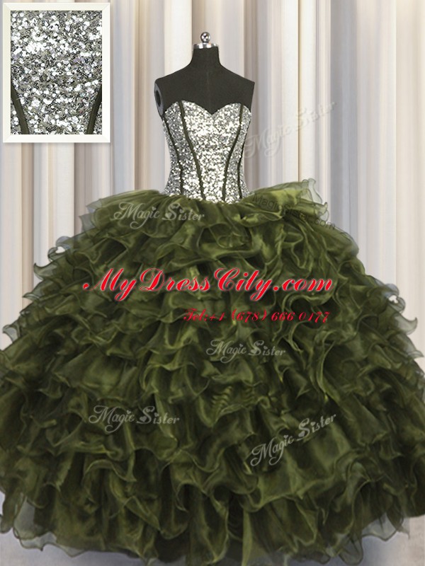 Classical Sequins Visible Boning Olive Green Sleeveless Organza and Sequined Lace Up Ball Gown Prom Dress for Military Ball and Sweet 16 and Quinceanera