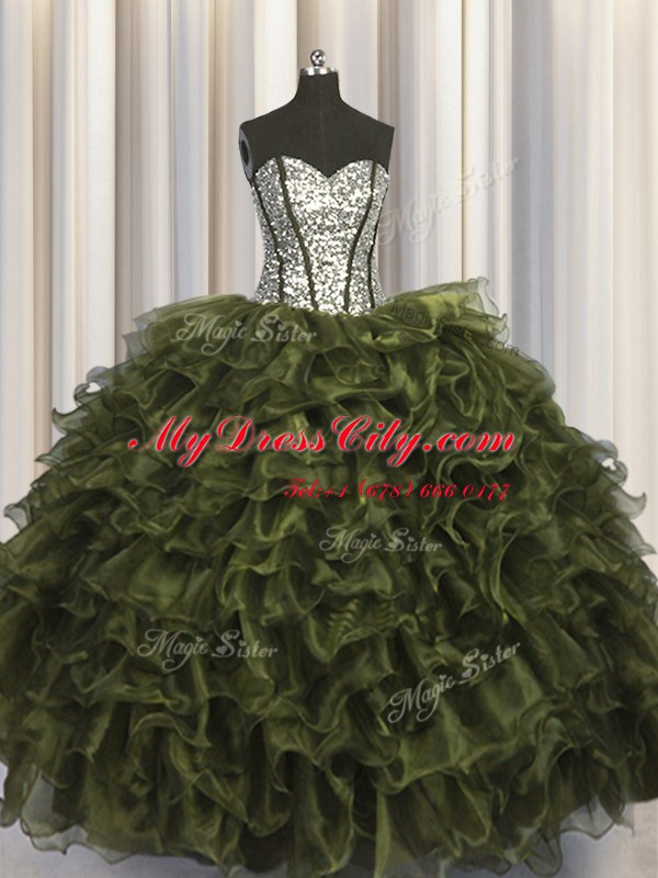 Classical Sequins Visible Boning Olive Green Sleeveless Organza and Sequined Lace Up Ball Gown Prom Dress for Military Ball and Sweet 16 and Quinceanera