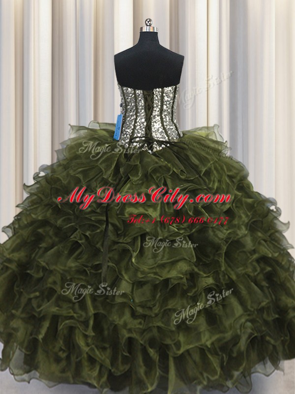 Classical Sequins Visible Boning Olive Green Sleeveless Organza and Sequined Lace Up Ball Gown Prom Dress for Military Ball and Sweet 16 and Quinceanera