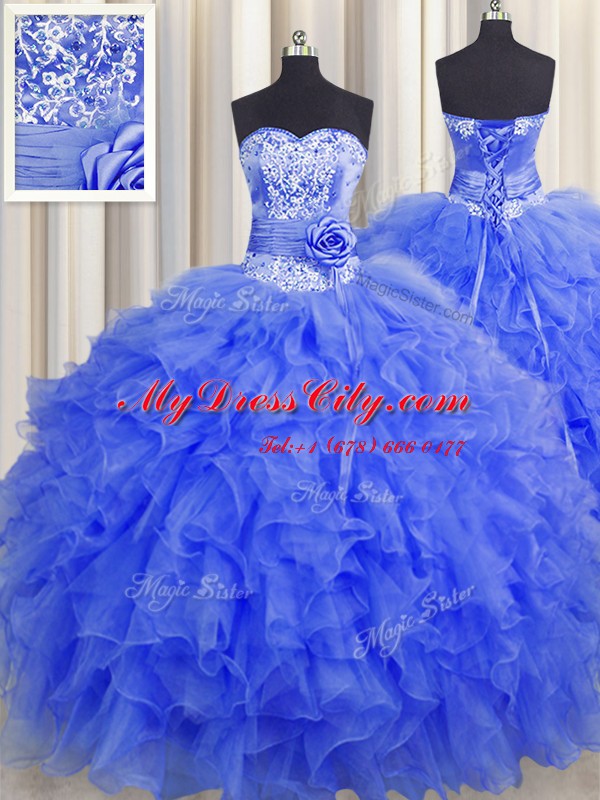 Handcrafted Flower Royal Blue Sleeveless Organza Lace Up Quinceanera Gowns for Military Ball and Sweet 16 and Quinceanera