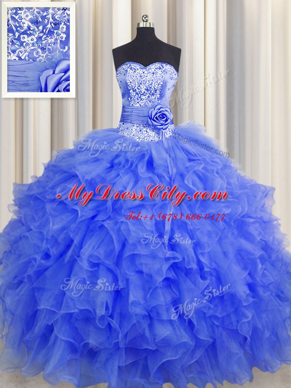 Handcrafted Flower Royal Blue Sleeveless Organza Lace Up Quinceanera Gowns for Military Ball and Sweet 16 and Quinceanera