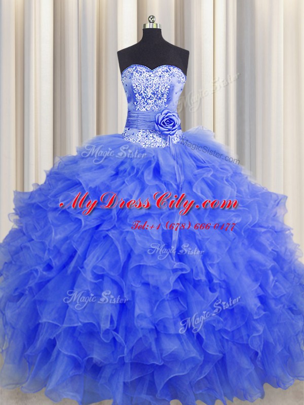 Handcrafted Flower Royal Blue Sleeveless Organza Lace Up Quinceanera Gowns for Military Ball and Sweet 16 and Quinceanera