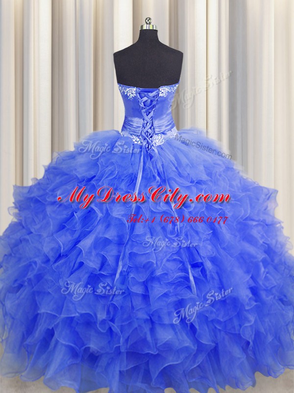 Handcrafted Flower Royal Blue Sleeveless Organza Lace Up Quinceanera Gowns for Military Ball and Sweet 16 and Quinceanera