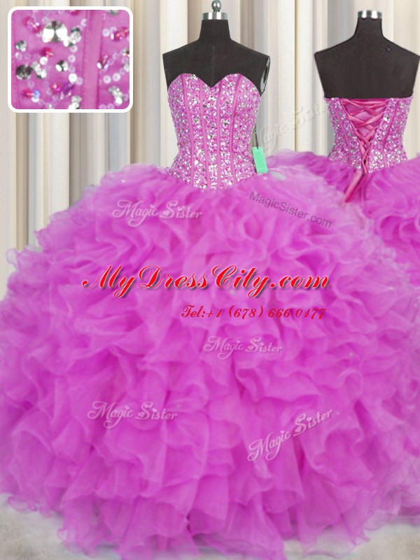 Deluxe Visible Boning Sleeveless Beading and Ruffles Lace Up Quinceanera Dress