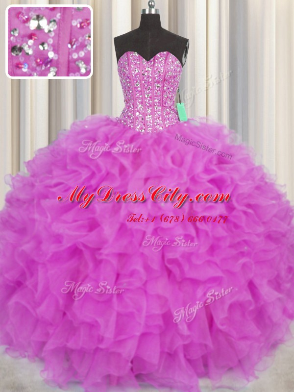 Deluxe Visible Boning Sleeveless Beading and Ruffles Lace Up Quinceanera Dress