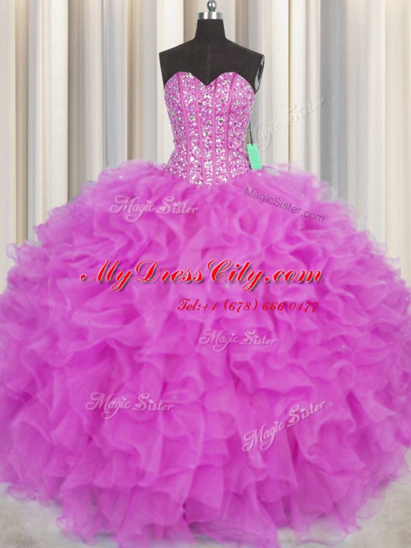 Deluxe Visible Boning Sleeveless Beading and Ruffles Lace Up Quinceanera Dress