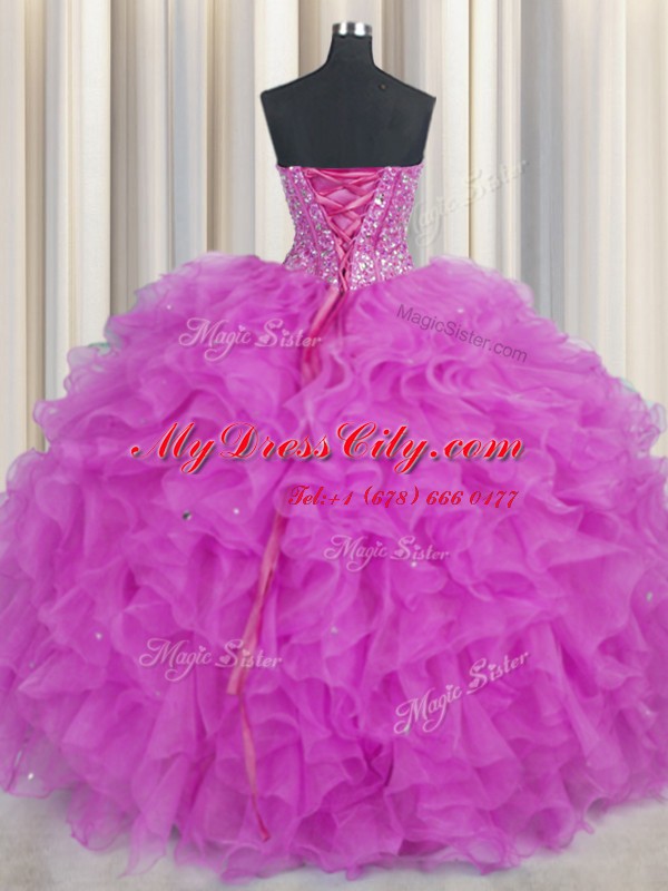 Deluxe Visible Boning Sleeveless Beading and Ruffles Lace Up Quinceanera Dress