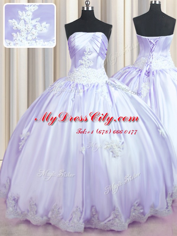 Lavender Quinceanera Gowns Military Ball and Sweet 16 and Quinceanera and For with Beading and Appliques Strapless Sleeveless Lace Up