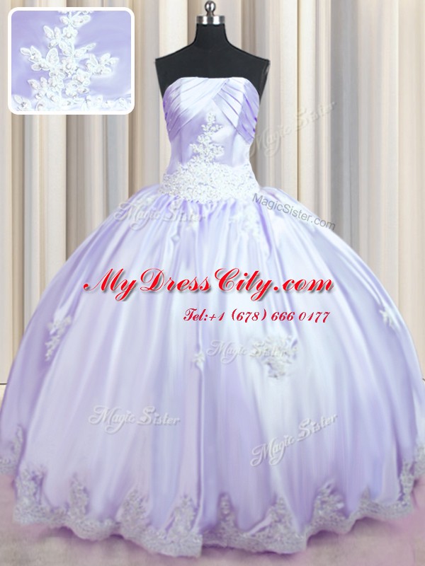 Lavender Quinceanera Gowns Military Ball and Sweet 16 and Quinceanera and For with Beading and Appliques Strapless Sleeveless Lace Up