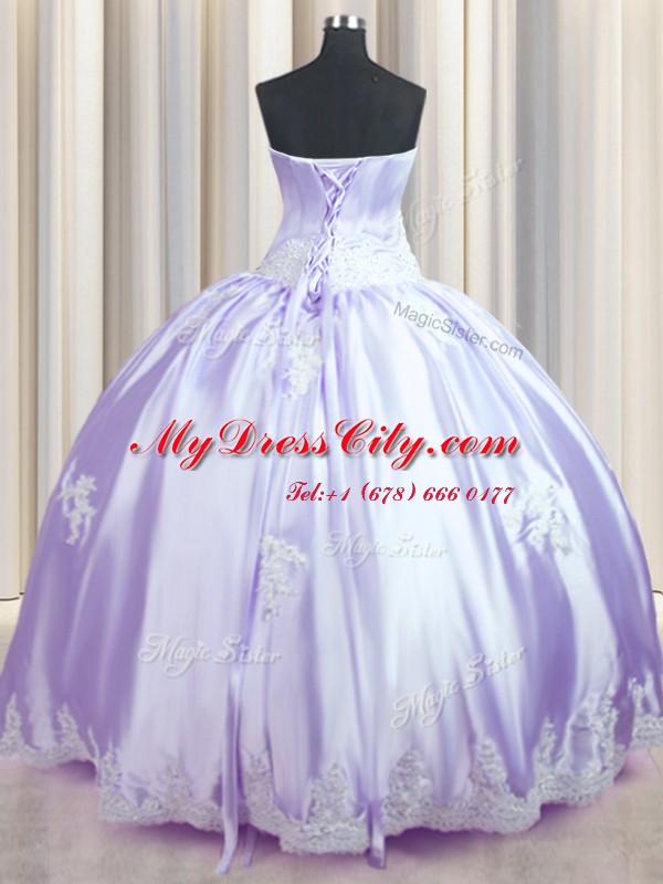 Lavender Quinceanera Gowns Military Ball and Sweet 16 and Quinceanera and For with Beading and Appliques Strapless Sleeveless Lace Up