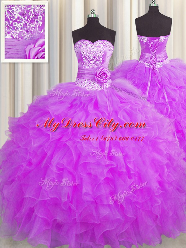 Ideal Handcrafted Flower Floor Length Purple Quinceanera Dress Sweetheart Sleeveless Lace Up