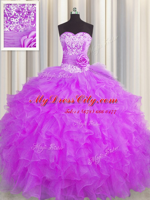 Ideal Handcrafted Flower Floor Length Purple Quinceanera Dress Sweetheart Sleeveless Lace Up