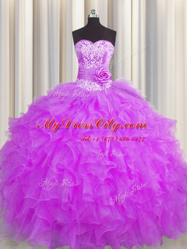 Ideal Handcrafted Flower Floor Length Purple Quinceanera Dress Sweetheart Sleeveless Lace Up