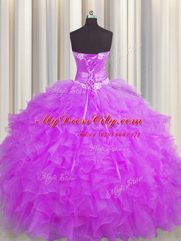 Ideal Handcrafted Flower Floor Length Purple Quinceanera Dress Sweetheart Sleeveless Lace Up