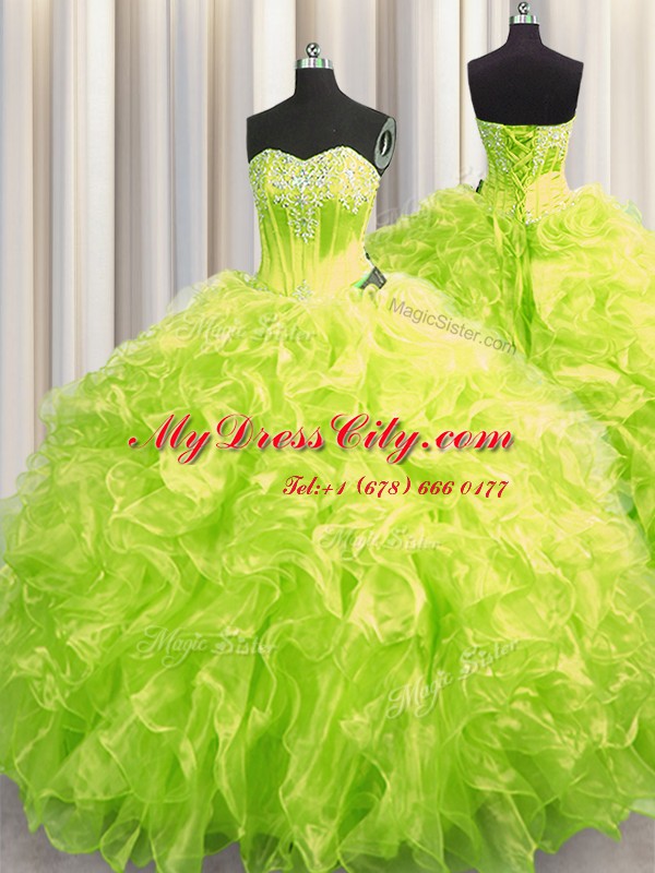 Colorful Brush Train Ball Gowns 15th Birthday Dress Yellow Green Sweetheart Organza Long Sleeves Lace Up