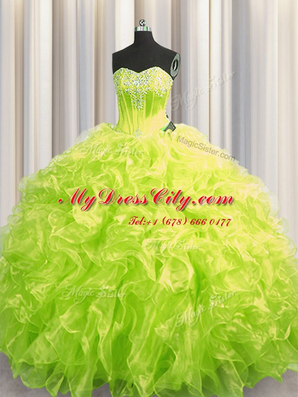 Colorful Brush Train Ball Gowns 15th Birthday Dress Yellow Green Sweetheart Organza Long Sleeves Lace Up