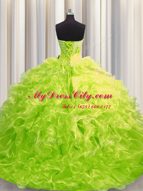 Colorful Brush Train Ball Gowns 15th Birthday Dress Yellow Green Sweetheart Organza Long Sleeves Lace Up