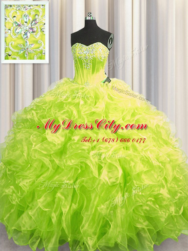 Colorful Brush Train Ball Gowns 15th Birthday Dress Yellow Green Sweetheart Organza Long Sleeves Lace Up