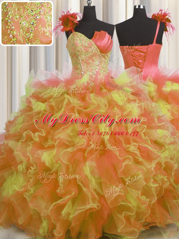 Eye-catching One Shoulder Handcrafted Flower Sleeveless Tulle Floor Length Lace Up Sweet 16 Quinceanera Dress in Multi-color with Beading and Ruffles and Hand Made Flower