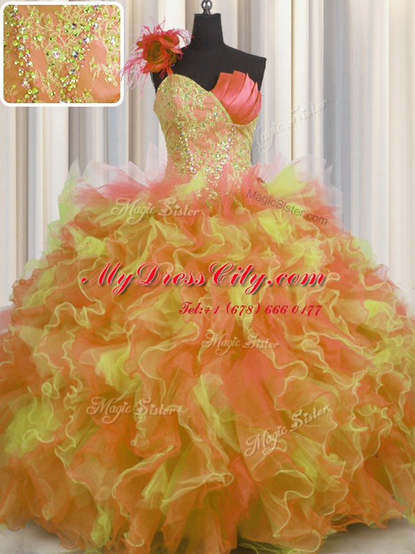 Eye-catching One Shoulder Handcrafted Flower Sleeveless Tulle Floor Length Lace Up Sweet 16 Quinceanera Dress in Multi-color with Beading and Ruffles and Hand Made Flower