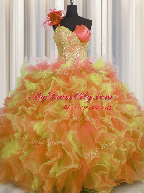 Eye-catching One Shoulder Handcrafted Flower Sleeveless Tulle Floor Length Lace Up Sweet 16 Quinceanera Dress in Multi-color with Beading and Ruffles and Hand Made Flower