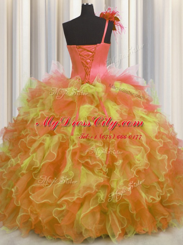 Eye-catching One Shoulder Handcrafted Flower Sleeveless Tulle Floor Length Lace Up Sweet 16 Quinceanera Dress in Multi-color with Beading and Ruffles and Hand Made Flower