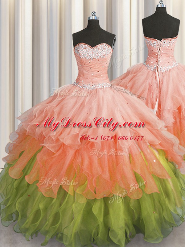 Sleeveless Organza Floor Length Lace Up Sweet 16 Dress in Multi-color with Beading and Ruffles and Ruffled Layers and Sequins