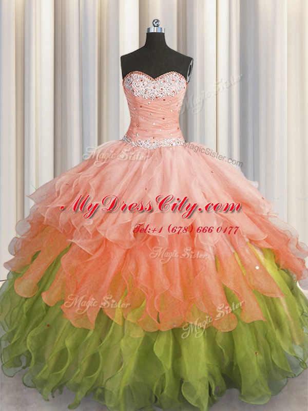 Sleeveless Organza Floor Length Lace Up Sweet 16 Dress in Multi-color with Beading and Ruffles and Ruffled Layers and Sequins