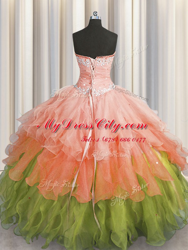 Sleeveless Organza Floor Length Lace Up Sweet 16 Dress in Multi-color with Beading and Ruffles and Ruffled Layers and Sequins