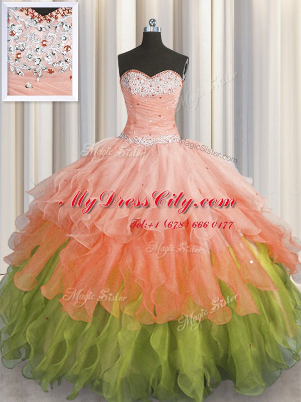 Sleeveless Organza Floor Length Lace Up Sweet 16 Dress in Multi-color with Beading and Ruffles and Ruffled Layers and Sequins