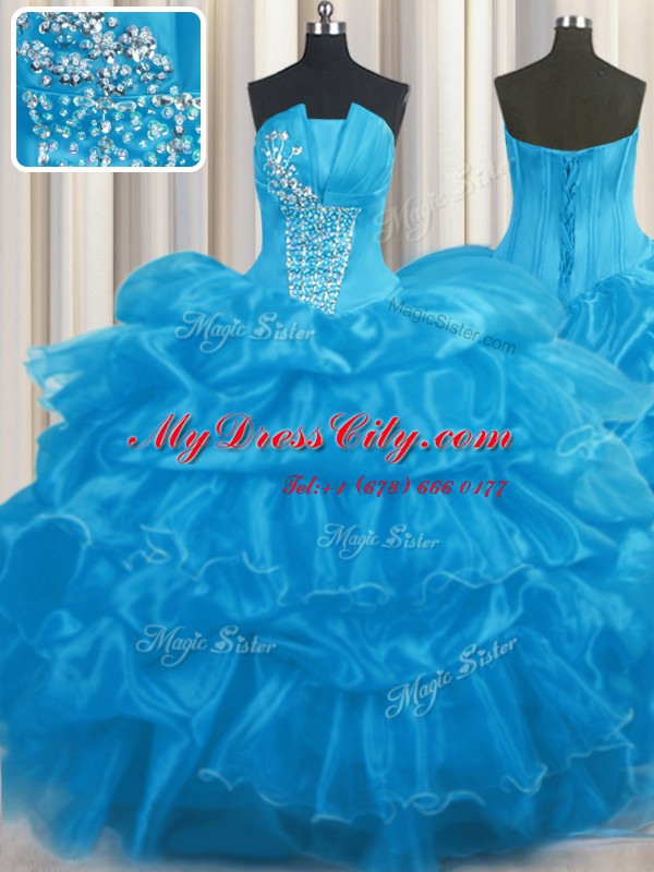 Baby Blue Ball Gowns Organza Strapless Sleeveless Beading and Ruffles and Pick Ups Floor Length Lace Up 15th Birthday Dress