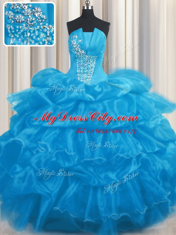 Baby Blue Ball Gowns Organza Strapless Sleeveless Beading and Ruffles and Pick Ups Floor Length Lace Up 15th Birthday Dress