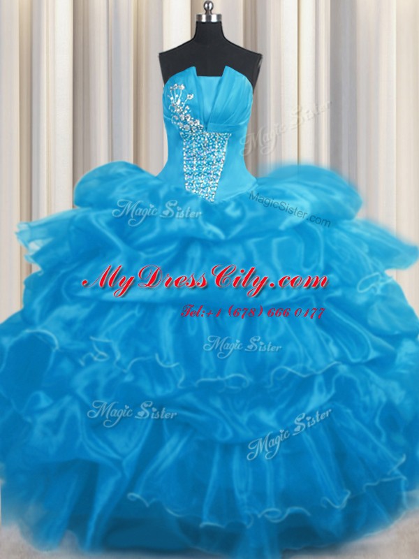 Baby Blue Ball Gowns Organza Strapless Sleeveless Beading and Ruffles and Pick Ups Floor Length Lace Up 15th Birthday Dress