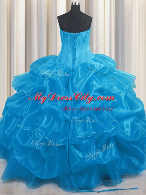 Baby Blue Ball Gowns Organza Strapless Sleeveless Beading and Ruffles and Pick Ups Floor Length Lace Up 15th Birthday Dress