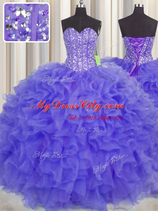 Visible Boning Sweetheart Sleeveless Lace Up Sweet 16 Quinceanera Dress Purple Organza