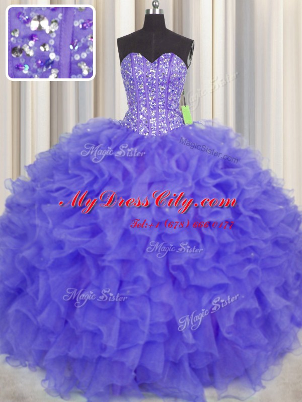 Visible Boning Sweetheart Sleeveless Lace Up Sweet 16 Quinceanera Dress Purple Organza