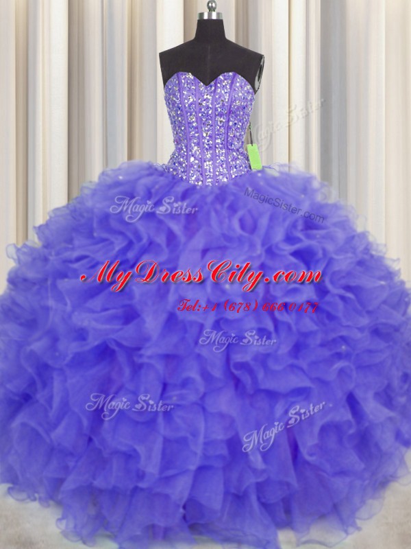 Visible Boning Sweetheart Sleeveless Lace Up Sweet 16 Quinceanera Dress Purple Organza