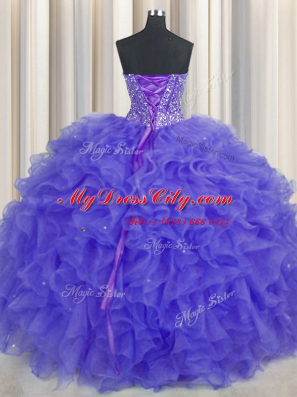 Visible Boning Sweetheart Sleeveless Lace Up Sweet 16 Quinceanera Dress Purple Organza